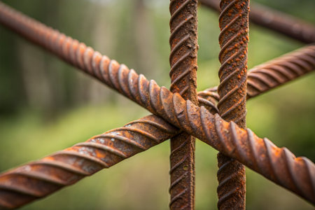 Rusty steel fence in the forest. Shallow depth of field.の写真素材