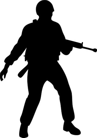 A strong, vigilant silhouette of a soldier, complete with rifle and military attire, stands in a neutral pose.のイラスト素材