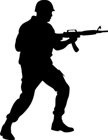 A strong, vigilant silhouette of a soldier, complete with rifle and military attire, stands in a neutral pose.のイラスト素材