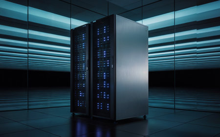 3D rendering of server room with blue lights in the background.