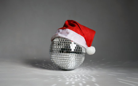 disco ball with santa claus hat on a gray backgroundの写真素材