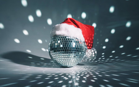 Disco ball with santa claus hat on bokeh backgroundの写真素材