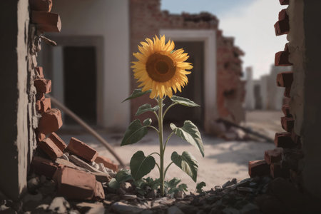 Sunflower in front of an old brick wall. Retro style.の写真素材