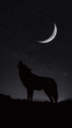 Silhouette of wolf in front of the night sky with moonの写真素材