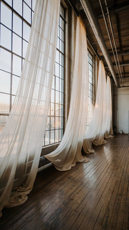 Curtains in the room with large windows and wooden floorの写真素材