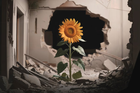 sunflower in the ruins of an old house, photo as a background, digital imageの写真素材