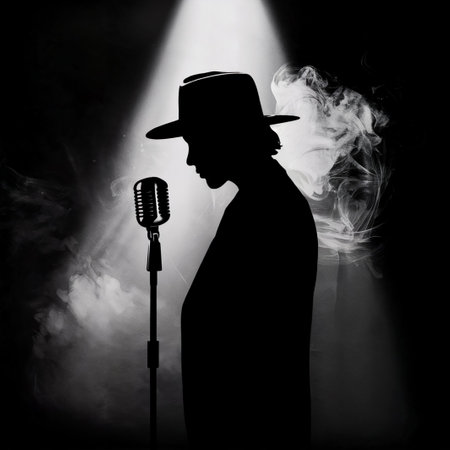 A silhouette of a man in a hat with a microphone and smoke on a black backgroundの写真素材