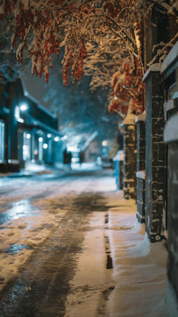 Snowy street at night. Winter in the city. Christmas backgroundの写真素材