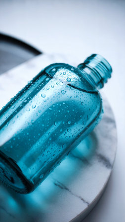 Cosmetic bottle with water drops on white marble background. Selective focus.の写真素材