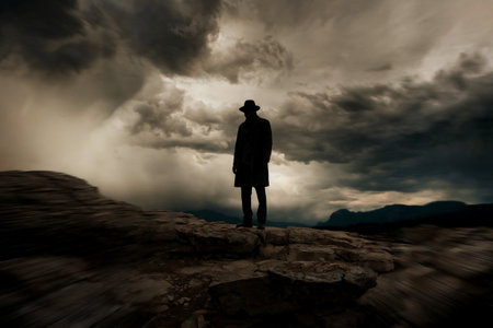 Silhouette of a man standing on the edge of a cliff and looking into the distanceの写真素材