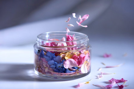 Colorful petals in a glass jar on a white background.の写真素材