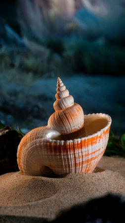 Seashells on the sand in the evening. Selective focus.の写真素材