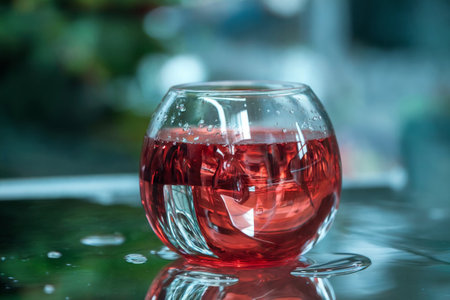 Red wine in a glass on a table in the garden. Selective focusの写真素材