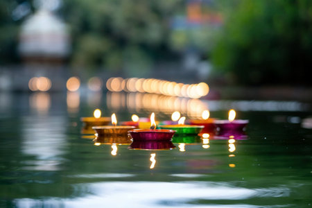 Colorful diya lamps lit during Diwali celebration in Indiaの写真素材