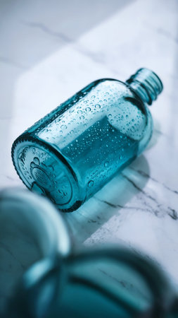 Blue glass bottle on white marble background. Shallow dof.の写真素材