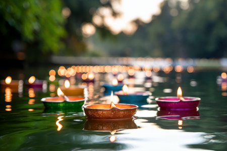 Candle light floating on water during diwali festival in Indiaの写真素材