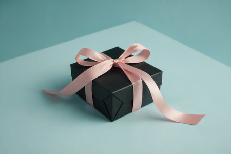 Black gift box with pink ribbon bow on blue background. Minimal style.