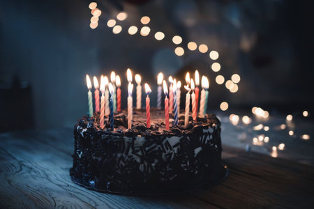 Birthday cake with burning candles on wooden table, close-upの写真素材
