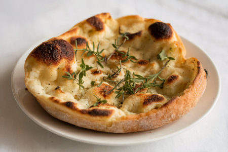 Focaccia with cheese and thyme on a white plateの写真素材