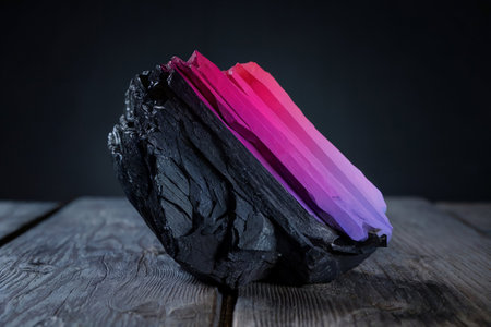 Natural black coal on a wooden table. Dark background. Selective focus.の写真素材