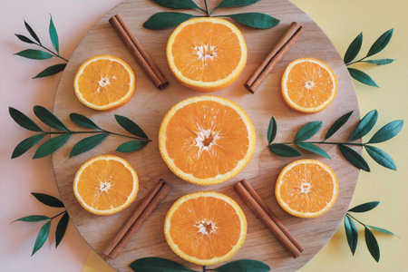 Fresh oranges and cinnamon sticks on a wooden board, top view.の写真素材
