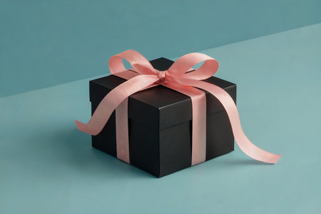 Black gift box with pink ribbon on turquoise background, holiday conceptの写真素材