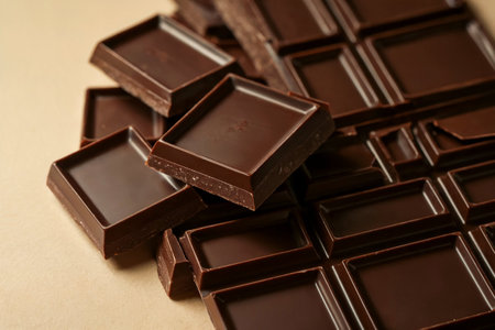 Pieces of dark chocolate on beige background, close-up