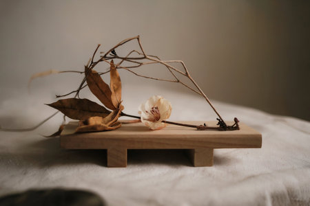 Wooden stand with dry flowers on the background of a gray wallの写真素材