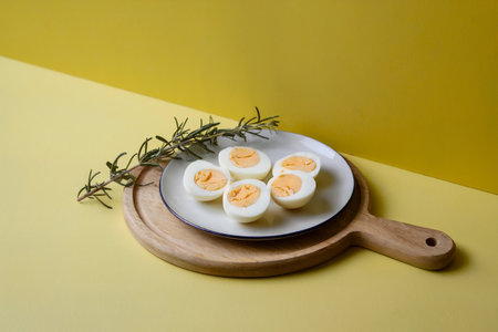 Boiled eggs on a plate with rosemary on a yellow backgroundの写真素材