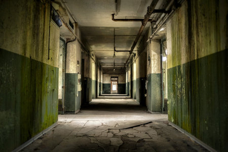 Interior of an old abandoned factory building with green walls and long corridorの写真素材