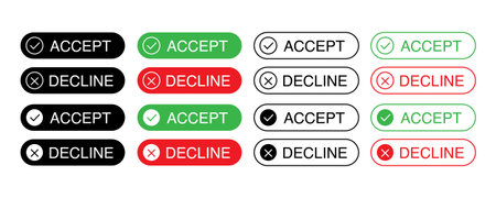 Accept and decline buttons with checkmark and cross icons. Yes and no web interface choice symbol vector illustration isolated on white backgroundのイラスト素材