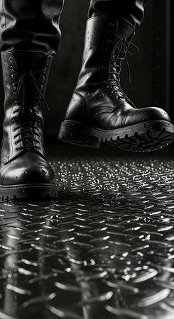 Black leather shoes on a metal floor. Black and white photo.