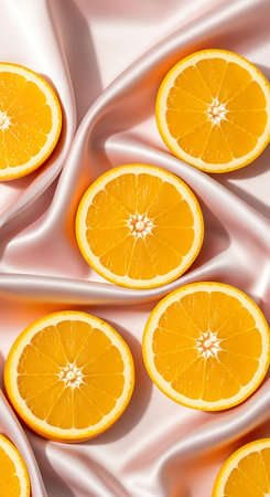 Slices of orange on satin cloth background, top viewの写真素材