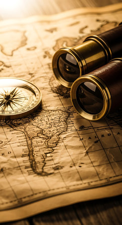 Vintage brass compass and spyglass on old map. Travel concept.