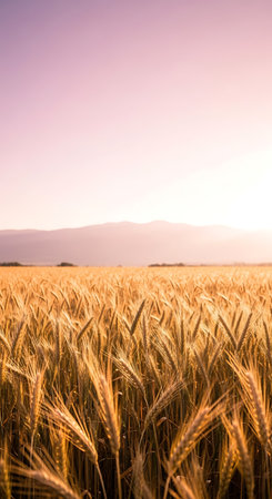 Sunset over wheat field with mountains in the background - retro style