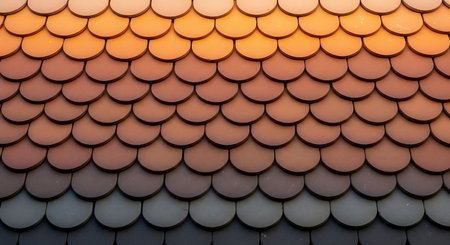 Roof tiles of a Buddhist temple in the evening, Thailand.の写真素材