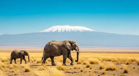 Elephants and Mt Kilimanjaroの写真素材