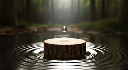 Conceptual image of falling drop of water on a stump in the forestの写真素材