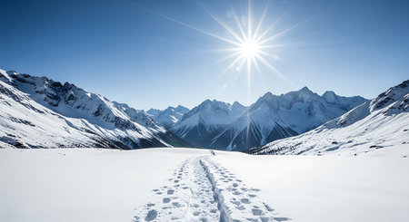 Panoramic view of snow covered mountains and blue sky with sun