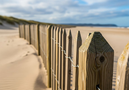 Wooden fence on the sand dunes of the North Sea coastの写真素材