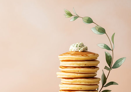 Stack of pancakes with sour cream and green leaves on pastel backgroundの写真素材