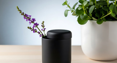 Black cosmetic bottle mockup with lavender flower on wooden table.の写真素材