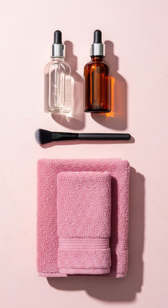 Cosmetics and towels on a pink background. Top view, flat layの写真素材