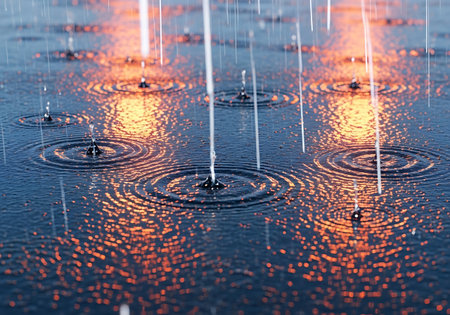 Rain drops on the roof of a building in the rays of the setting sun