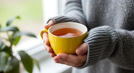 Woman holding cup of hot tea near window at home, closeup