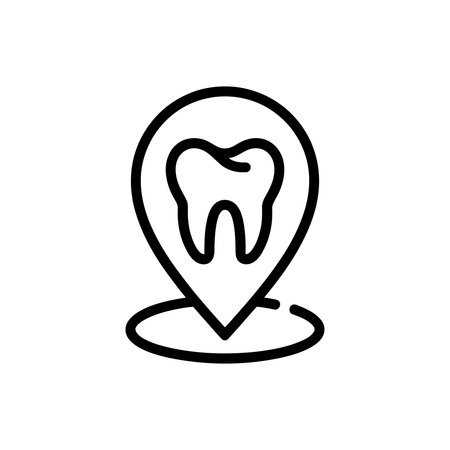 This is a dental clinic location icon. It features a tooth inside a map pin, indicating the location of a dental clinic. Isolated on a white background.のイラスト素材