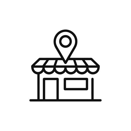 This image depicts a store with a location pin, ideal for representing local businesses, maps, or navigation. It is isolated on a white background for easy use.のイラスト素材