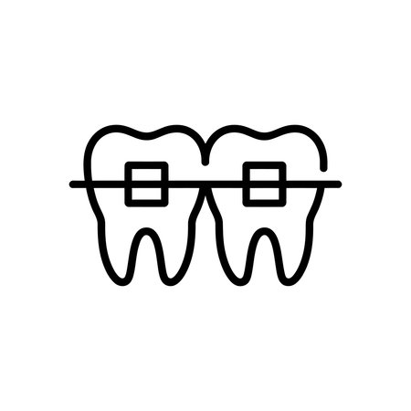 A minimalist line art illustration of two teeth with braces, showcasing orthodontic treatment for teeth alignment and dental care, isolated on a white background.のイラスト素材