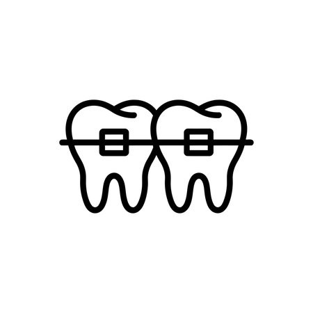 A minimalist line art illustration of two teeth with braces, showcasing orthodontic treatment for teeth alignment and dental care, isolated on a white background.のイラスト素材