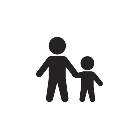 A simple black illustration of an adult and child holding hands on a white background, conveying love and support.のイラスト素材
